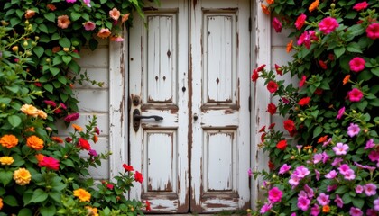Fototapeta premium A beautifully aged wooden door with peeling paint, surrounded by vibrant flowers.