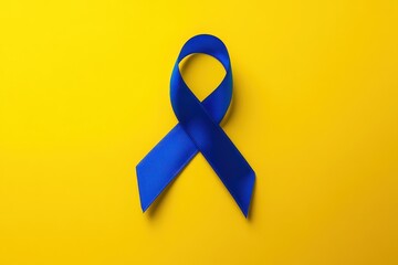 A blue awareness ribbon displayed against a bright yellow background