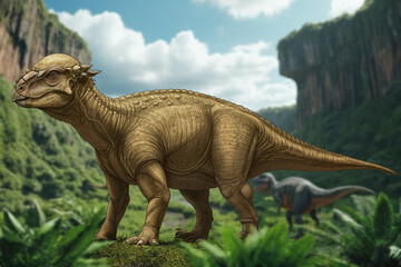 Fototapeta premium Pachycephalosaurus, bone-headed dinosaur with a thick, domed skull, herbivore, omnivore of the Late Cretaceous.