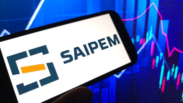 Konskie, Poland - March 29, 2025: Saipem company logo displayed on mobile phone