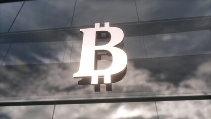 Bitcoin currency sign on a modern glass skyscraper. 3d illustration