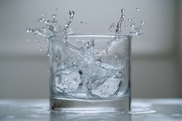 Refreshing Water Splash with Ice Cubes in a Glass on Table