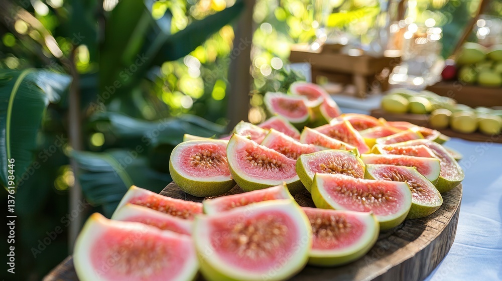 Poster guava slices displayed at a buffet table during an outdoor tropical event