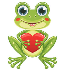 Fototapeta premium A frog in love - a green frog with big eyes and stretched lips, holding a red heart in one paw and smiling charmingly.