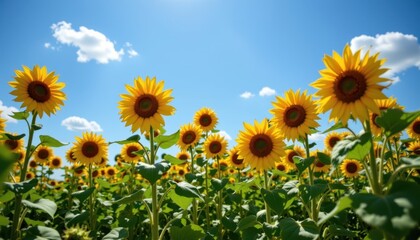 Fototapeta premium A stunning field of sunflowers reaching towards a bright blue sky.
