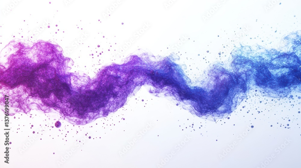 Poster an abstract digital flow of purple and blue particles spreads out on a white background creating a d