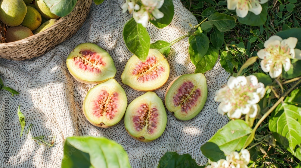 Poster guava slices laid out on a picnic blanket in a field surrounded by wildflowers and greenery.