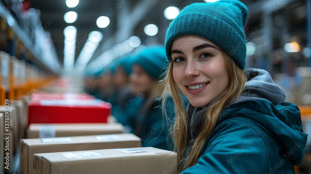 Poster a dedicated team member sorts and organizes packages in a bustling logistics center, showcasing a co