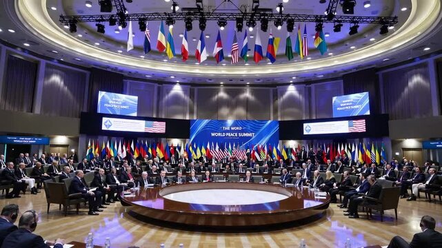 Numerous representatives from various countries gather at the world peace summit, engaging in discussions within a large conference hall adorned with national flags and illuminated screens