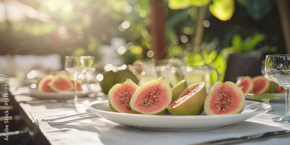 Poster Guava slices served as part of a meal on a large dining table in a well-lit outdoor patio. 