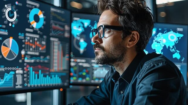 Expert analyzing data trends and metrics on multiple screens in a modern business intelligence environment