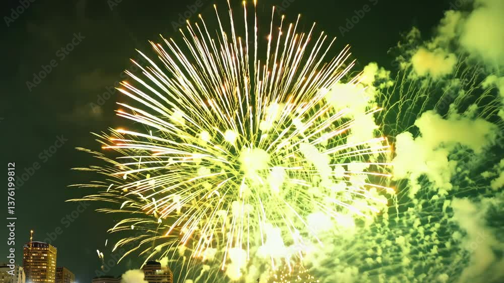 Poster A fireworks display in the sky with a red and white firework. The fireworks are in the air and are lit up