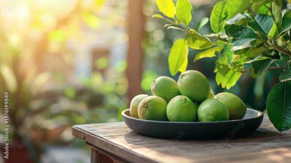 Poster guavas in a minimalist outdoor setting, surrounded by soft sunlight and greenery