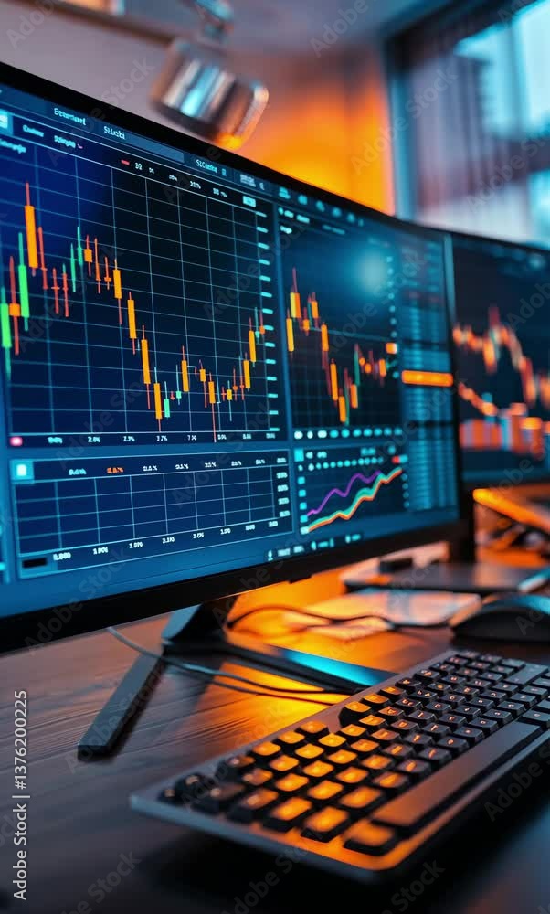 Poster trading strategies and market analysis using advanced charting techniques in a modern workspace
