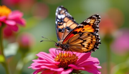 Fototapeta premium A close up view of a colorful butterfly resting on a bright flower.