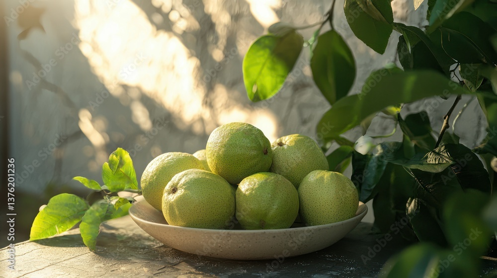 Poster guavas in a minimalist outdoor setting, surrounded by soft sunlight and greenery
