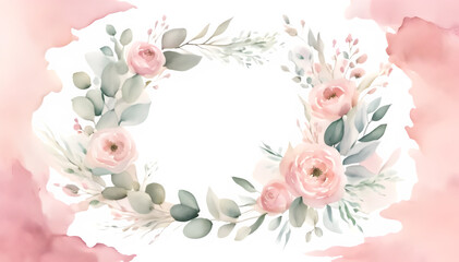 Watercolor Floral Wreath with Pink Roses – Elegant Botanical Frame, Hand-Painted Flower Wreath, Soft Pastel Floral Frame – Delicate Watercolor Wedding Design