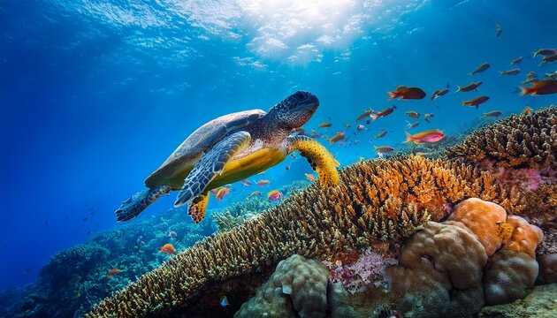 a vibrant coral reef featuring a large green sea turtle swimming amidst colorful fish sunlight illuminating the scene