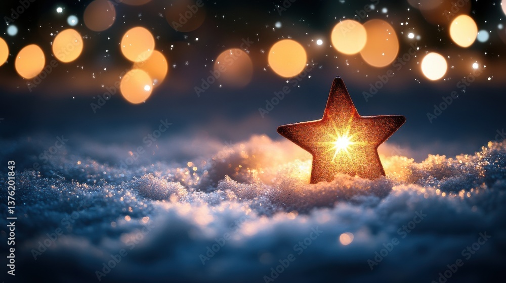 Poster soft, blurred background of white snow with bokeh lights and sparkling stars, creating an enchanting