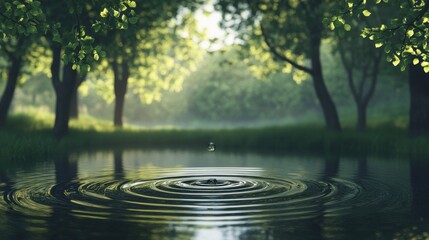 Water droplet creating ripples in a calm pond surrounded by trees in a serene environment illustration