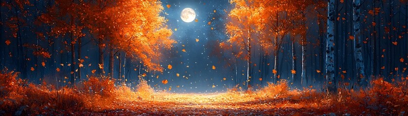Fototapeta premium Enchanting Autumn Forest Under the Moonlight