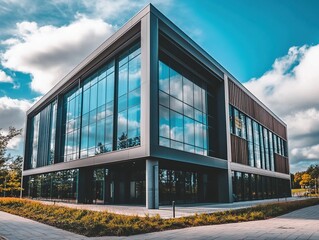 Obraz premium Modern Glass Building Showcases Corporate Image, Suitable for Corporate Brochures and Commercial Real Estate Ads