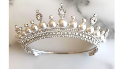 Obraz premium Elegant pearl and crystal tiara, perfect for bridal, prom, or special occasion. Sparkling crown, luxurious accessory.