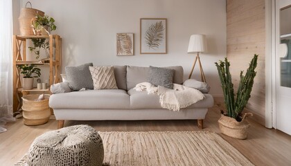 a cozy scandinavian living room with a light gray fabric sofa soft wool rugs and warm wooden accents creating a relaxing atmosphere