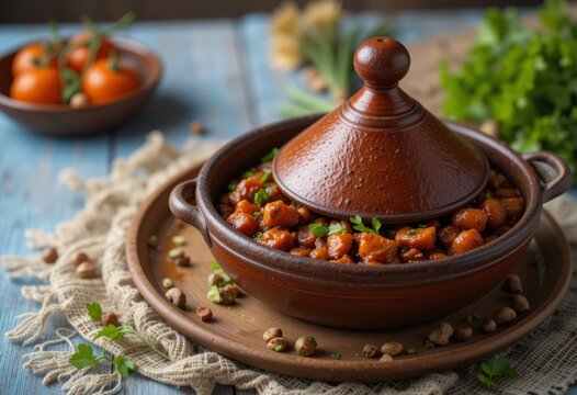 A traditional Algerian dish called "tajine zitoun" made with olives and meat, served in a clay pot.