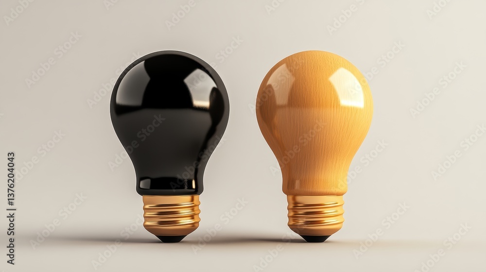Poster two distinct light bulbs one black and one amber arranged side-by-side against a light gray backgrou
