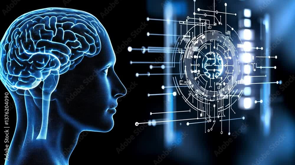 Poster exploring the future of healthcare through neural implants and artificial intelligence innovations