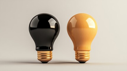 Two distinct light bulbs one black and one amber arranged side-by-side against a light gray background casting soft shadows for visual contrast