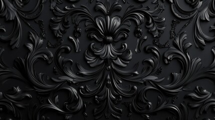 Intricately designed black 3D rococo wallpaper with classic dark decorative pattern, background, black, ornate illustration