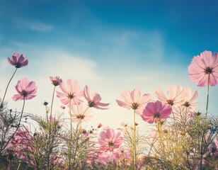 Soft focus beautiful cosmos flowers are blooming in vintage tones with