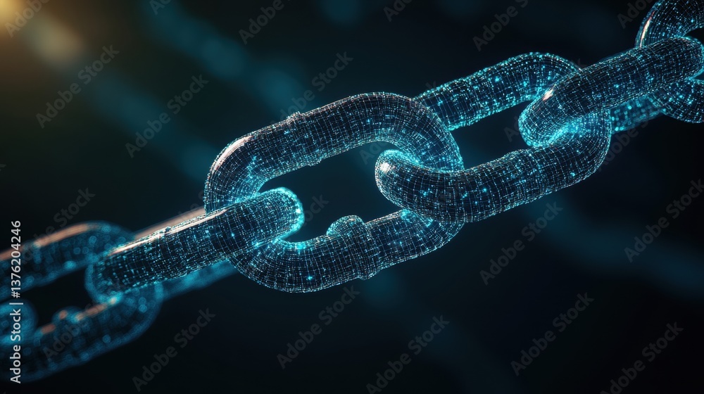 Poster close-up digital rende of a chain consisting of interconnected light nodes representing a network or