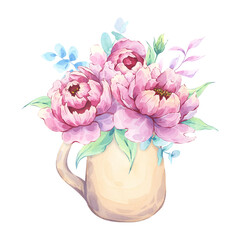 Bouquet of soft pink peonies in a beige ceramic pitcher. Hand-painted watercolor illustration. Delicate flowers in a vase are perfect for greeting cards, wedding invitations, branding, and home decor