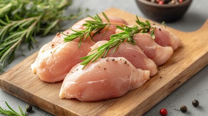 Fresh raw chicken breasts with rosemary and peppercorns on wooden board for culinary preparation