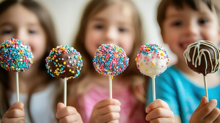Kids holding decorated cake pops. 
