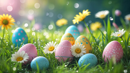 Pastel Easter eggs nestled in vibrant spring grass, a joyful celebration of new life and springtime amidst blooming daisies and soft sunlight.