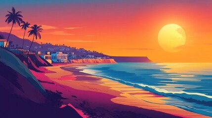 Scenic Coastal View of Rosarito Beach at Sunset with Vibrant Colors and Gentle Ocean Waves illustration