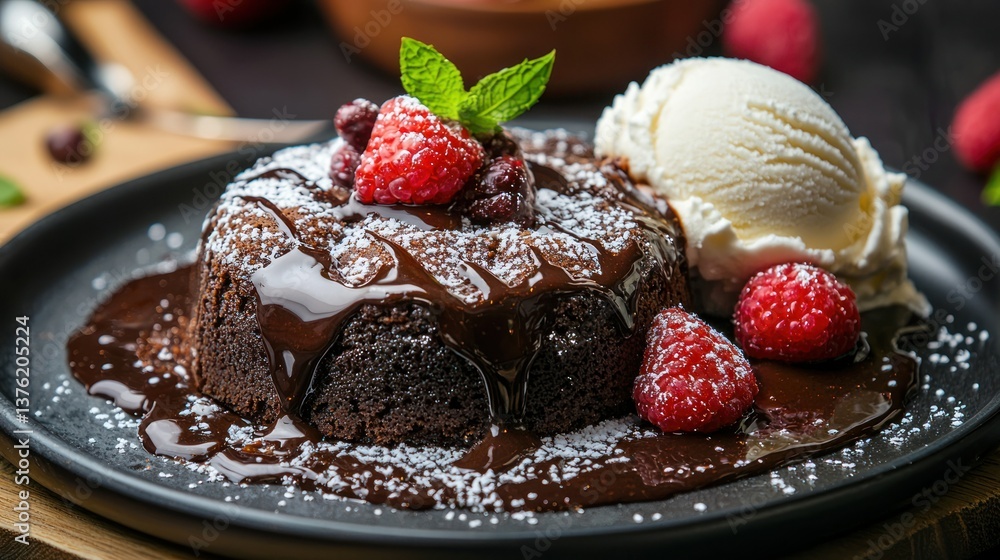 Poster lava cake with ice cream on the side.