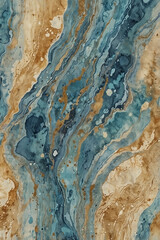 Abstract fluid art texture in blue, turquoise, and ochre tones. Swirling marbled pattern resembling ocean waves and desert sands. Artistic background with organic movement and natural palette.