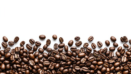 Coffee beans border the bottom of the frame