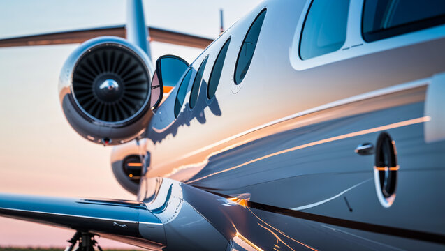 A gleaming private jet poised for takeoff at sunset, its polished silver fuselage reflecting the golden hour light, capturing a sense of luxury and effortless travel.