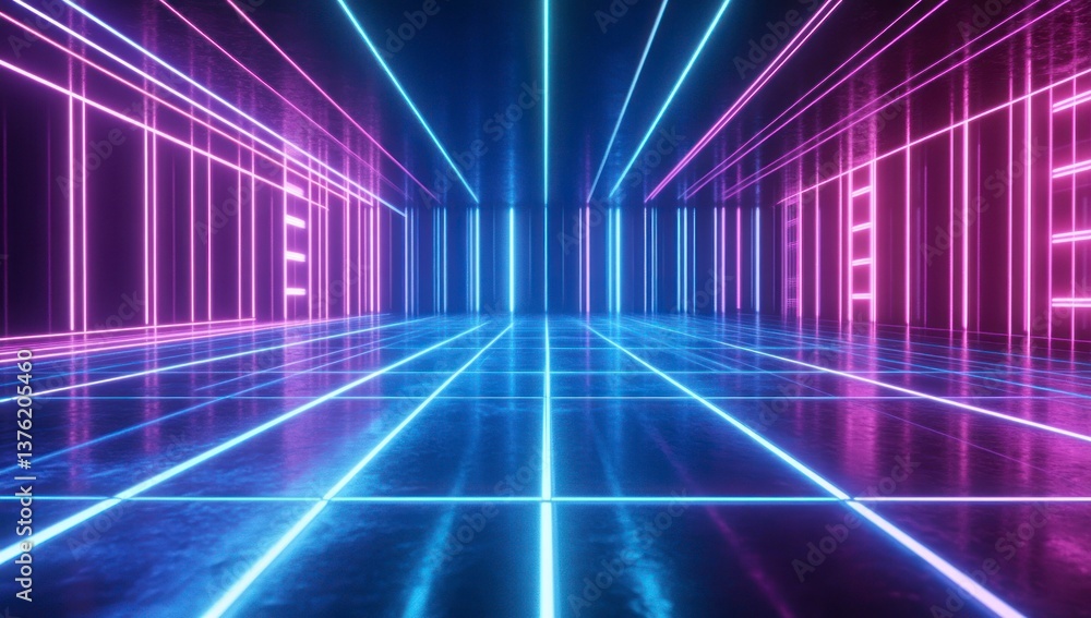 Poster abstract neon light lines creating a futuristic perspective background design