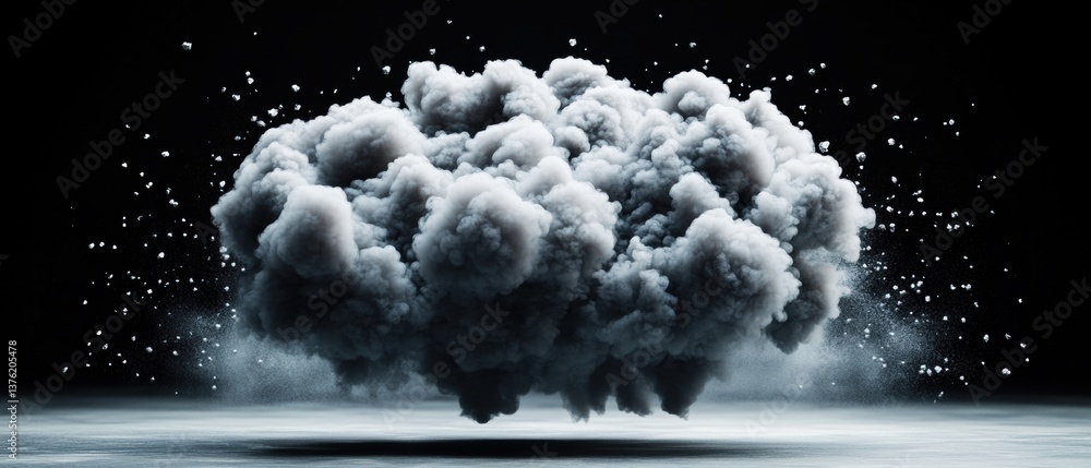 Poster a large dark gray smoke plume billowing against a black background with small light-colored particle