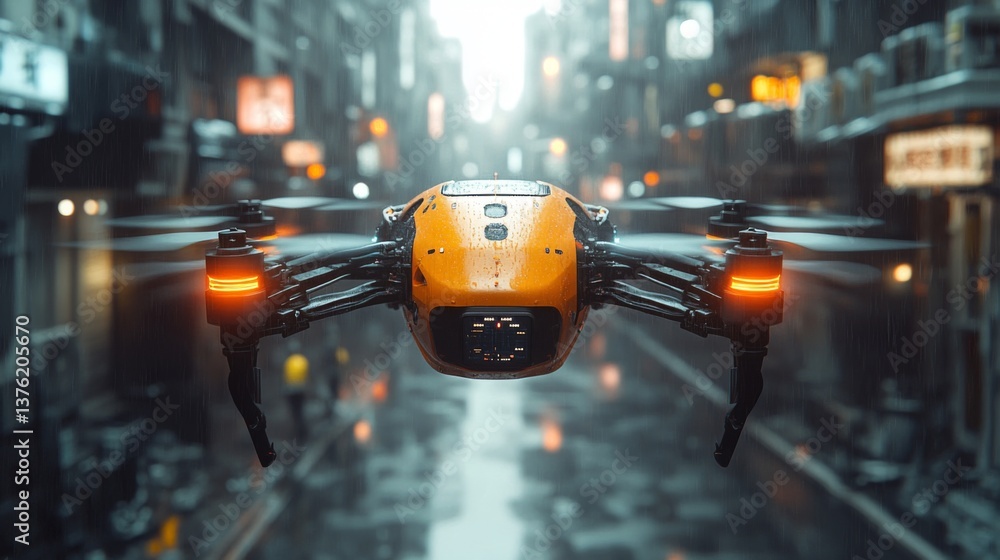 Poster a drone hovers above a wet urban street, demonstrating advanced technology in logistics and delivery