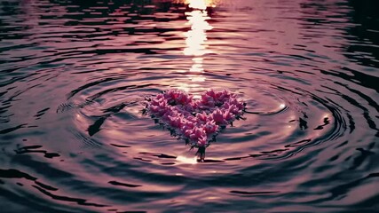 Purple flower heart rippling in water with sunset reflection creating circles