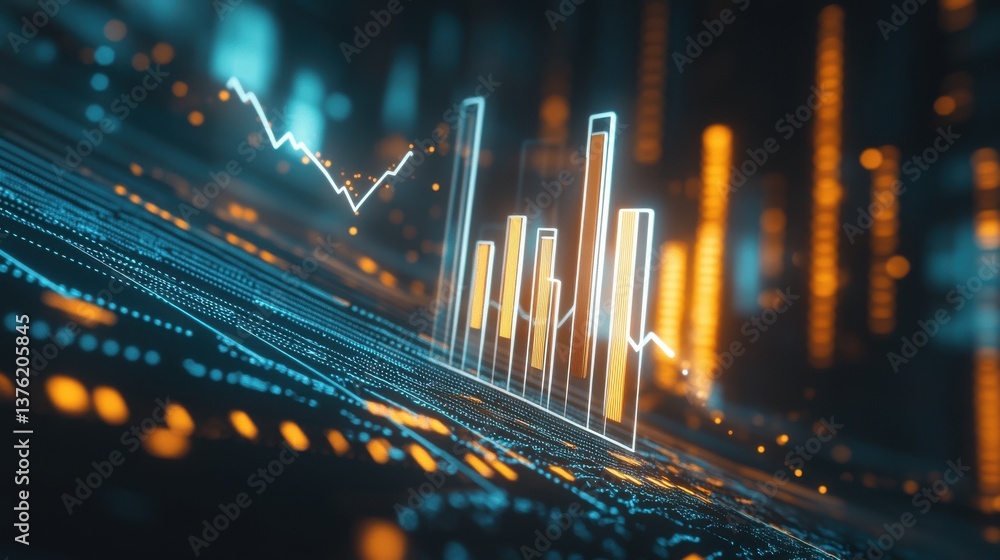 Poster a white 3d bar graph rising upward, an arrow pointing upward with glowing lines. surrounding the gra
