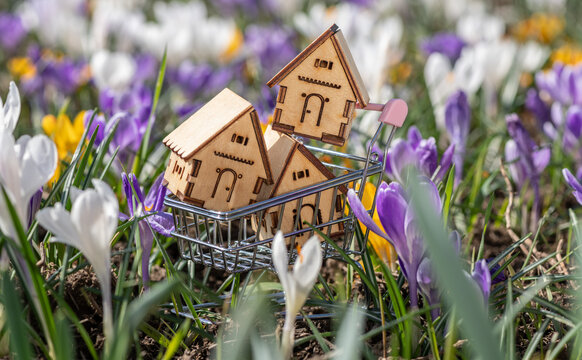 Three symbolic wooden houses in a miniature supermarket shopping cart against the backdrop of blooming spring flowers